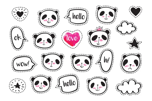 Conjunto de pegatinas con lindos pandas y burbujas . — Vector de stock