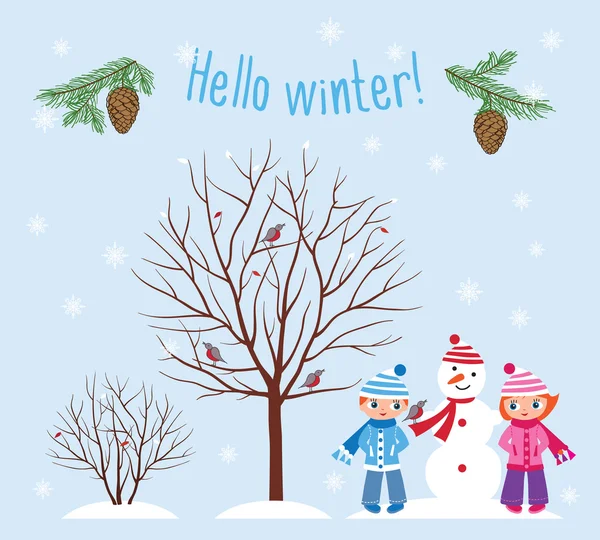 Crianças, boneco de neve, árvore —  Vetores de Stock
