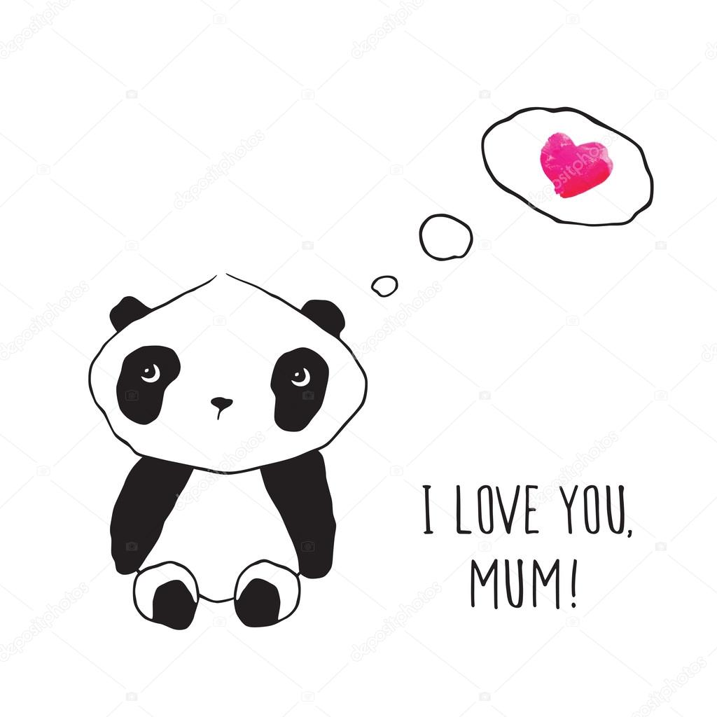 Little cute panda with pink heart. 