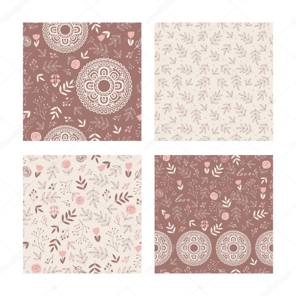 Set of seamless patterns with decorative pink flowers and leaves. Floral dark and bright backgrounds for textile, fabric manufacturing, wallpaper, covers, surface, print, gift wrap, scrapbooking.