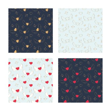 Sevgililer Günü için romantik, kusursuz desenler. Altın kanatlı el çizilmiş kalpler. Tekstil, duvar kâğıdı, kapak, baskı, sarma, yüzey, yapıştırma kitabı için kırmızı ve altın kalpli koyu, parlak arkaplanlar..