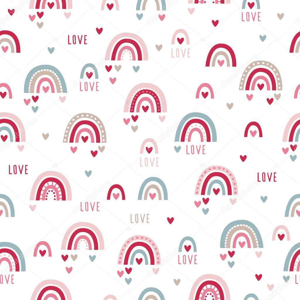 Seamless pattern with hand drawn rainbows and hearts. Background for Valentine's Day, wedding, gift wrap, textile, fabric manufacturing, wallpaper, covers, surface, print, scrapbooking. Vector.