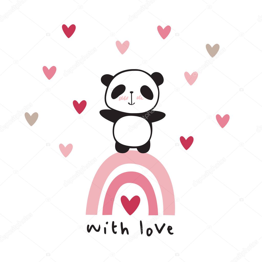 Greeting card with hand drawn little cute panda, rainbow and pink hearts for Valentine's Day, birthday, Mother's Day, wedding. Vector illustration.