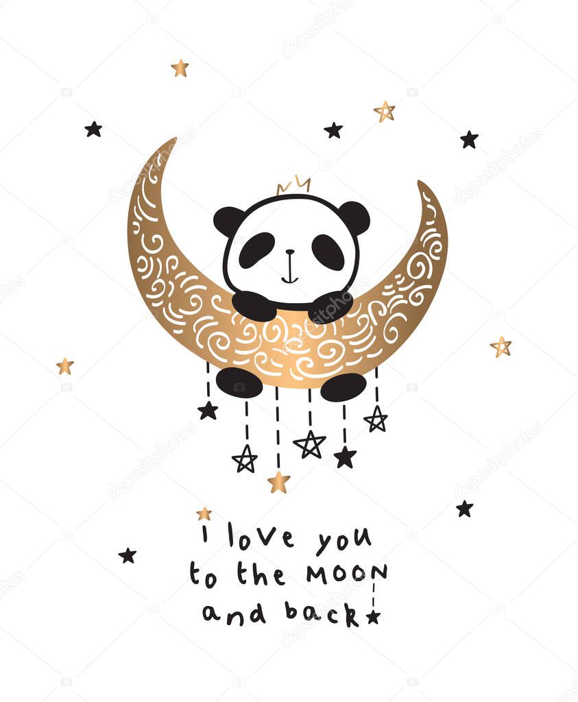  I love you to the moon and back. Greeting card with cute panda on the gold moon. Template for Valentine's Day, Mother's Day, Father's Day, birthday, wedding invitations. Vector.