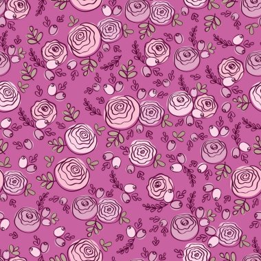 Pembe çiçekler ve yapraklar çizilmiş, pürüzsüz bir desen. Tekstil, kumaş imalatı, duvar kağıdı, kapaklar, yüzey, baskı, hediye paketi, koleksiyon defteri. Vektör.