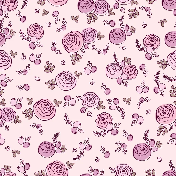 Modèle Sans Couture Avec Jolies Fleurs Feuilles Roses Dessinées Main — Image vectorielle