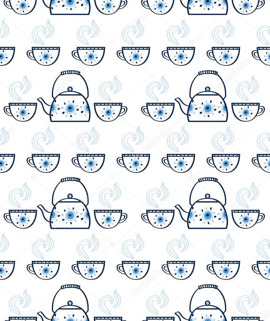 Seamless pattern with hand drawn with teapots and teacups. Background for restaurant, cafe menu, wrapping paper, textile, wallpapers and scrapbook. Vector.