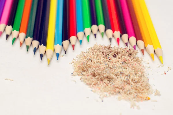 Colored pencils and shavings from them — Stock Photo, Image