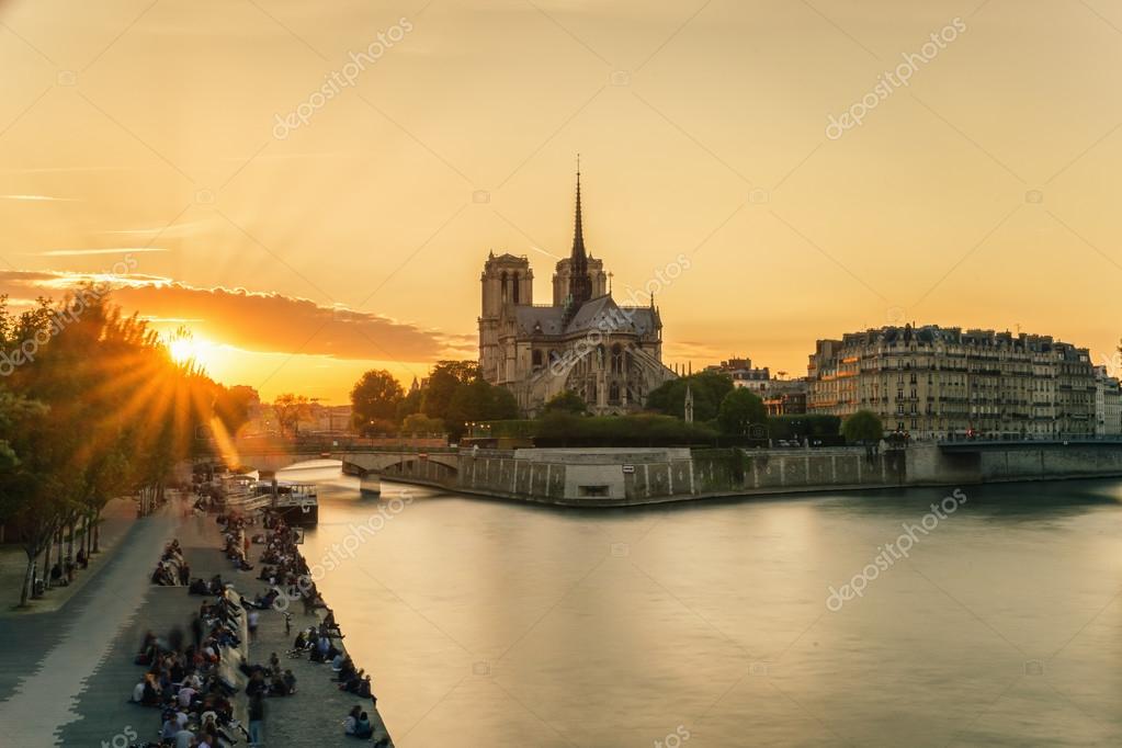 Cathedral Of Notre Dame De Paris At Sunset France Stock