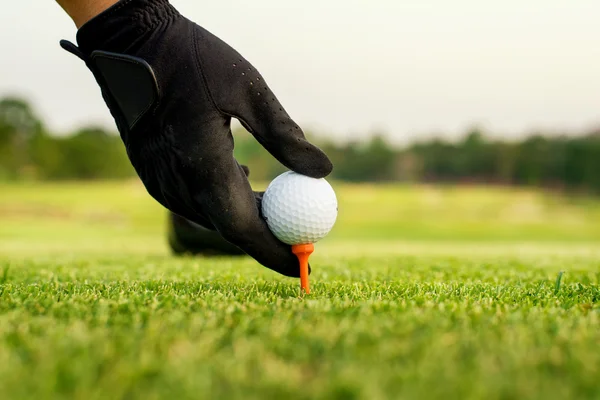 Palla da golf a mano con tee sul percorso, primo piano — Foto Stock