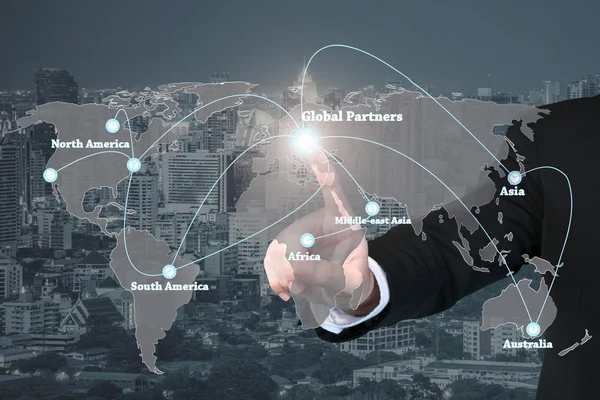 Businessman working with virtual interface global partners graph — Stock Photo, Image