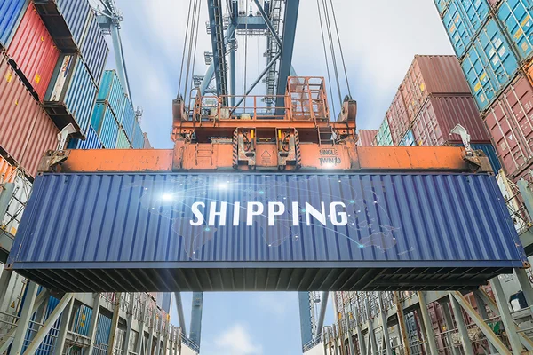 Załadunek kontenerów box z transport ładunków masowych statek z duży dźwig nas — Zdjęcie stockowe