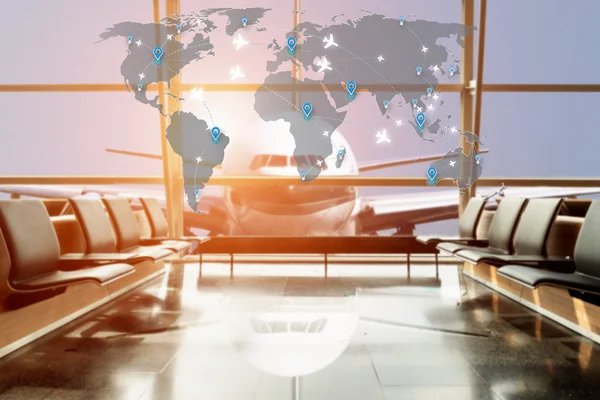 Airplane view from airport lounge in airport terminal. — Stock Photo, Image