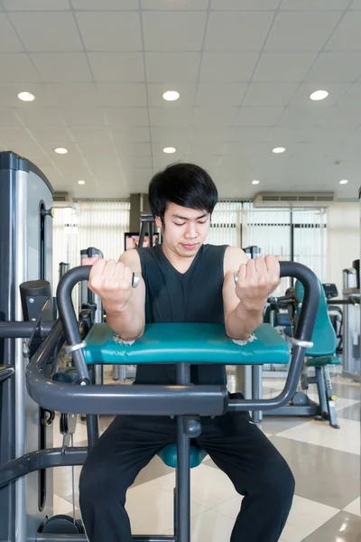 Ásia apto homem jogar braço curl treino no fitness ginásio . — Fotografia de Stock