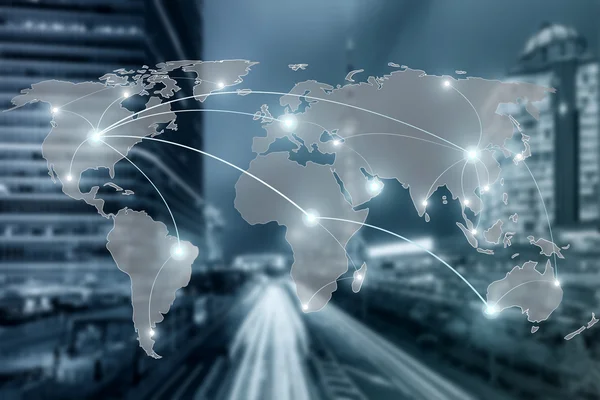 A hálózat és a világ megjelenítése blur város használatát globális partnerség ne — Stock Fotó