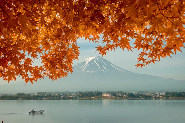 Stagione autunnale e montagna Fuji al mattino con foglie rosse di acero — Foto Stock