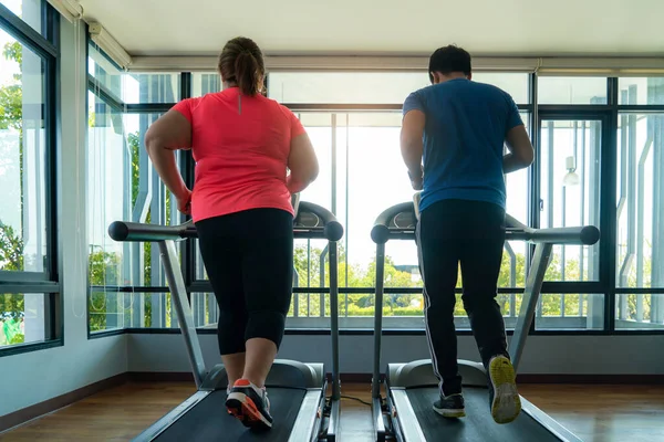 Два Азиатских Тренера Мужчина Женщина Избыточным Весом Тренирующиеся Беговой Дорожке — стоковое фото