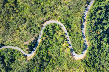 Tayland 'daki tropikal yağmur ormanlarından geçen dağ yolu üzerindeki hava manzarası