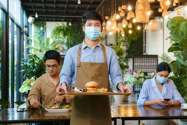 Portrait Attractive Asian Waitress Wear Face Mask Face Shield Holding — Stock Photo, Image