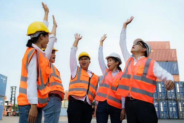 Asian Foreman His Team Staff Container Depot Terminal Arm Raise — Stock Photo, Image