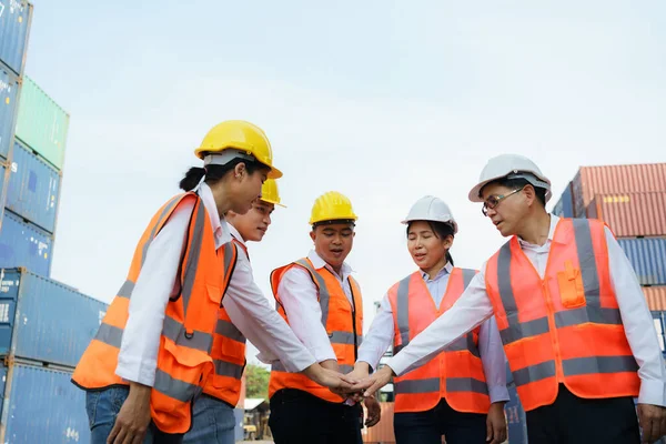 Asian Foreman His Team Worker Standing Hands Holding Together Container — Stock Photo, Image