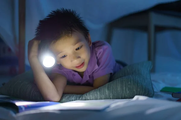 Asian Preschool Boy Child Make Camp Play Imaginatively Reading Book — Stock Photo, Image