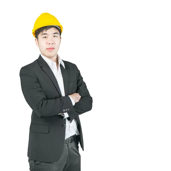 Asian engineer with drawings standing isolated on white backgrou — Stock Photo, Image