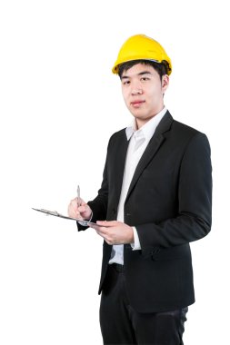 Asya mühendis not almak CLI beyaz zemin üzerine yalıtmak.