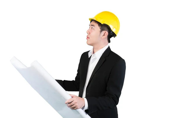 Aziatische ingenieur met papier plannen op witte achtergrond met isoleren — Stockfoto