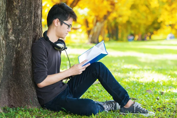 Homem lendo livro no parque, sentado debaixo de uma árvore. Relaxante ao ar livre — Fotografia de Stock