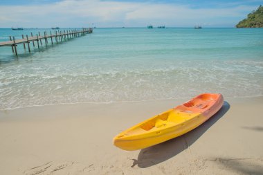 Renkli kayaks tropikal plaj deniz üzerinde. Phuket Tayland seyahat