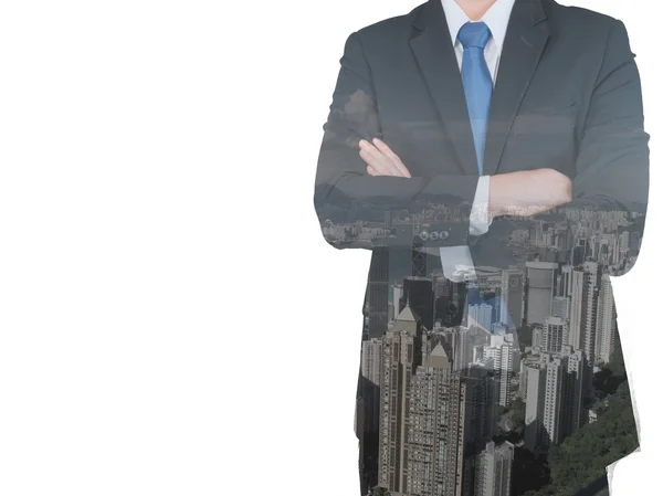 Double exposure of businessman and city — Stock Photo, Image