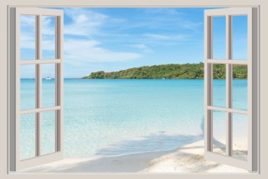 Yaz, seyahat, tatil ve tatil kavramı - açık pencere, 