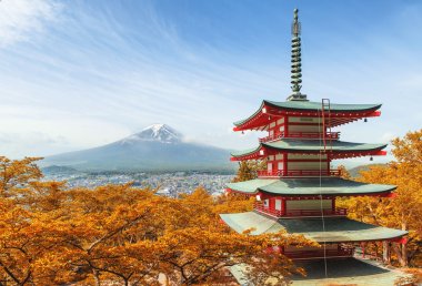 Mt. Fuji with red pagoda at autumn season in Japan clipart