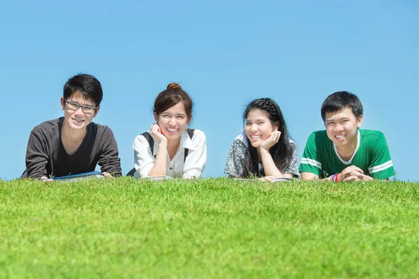 Grupo de amigos estudando ao ar livre no parque — Fotografia de Stock