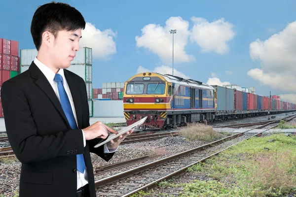 Business man using digital tablet control shipping company — Stock Photo, Image