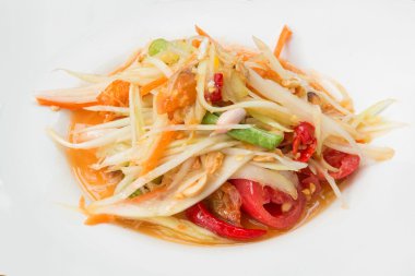 Tay gıda arama Papaya salatası veya Som tum beyaz tabak içinde