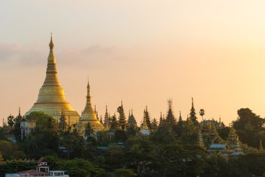 Shwedagon Pagoda Yangon, Myanmar görünümünü alacakaranlıkta.