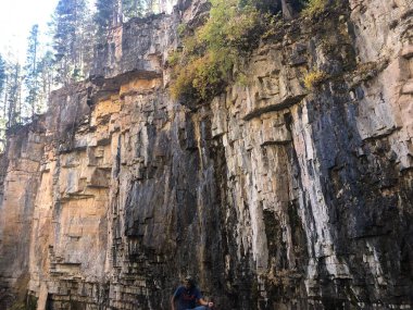 Düz ağaçlı muhteşem taş duvar gökyüzüne bakıyor. Güneş ışınları Amerika Birleşik Devletleri 'nin Colorado eyaletindeki Durango Kanyonu' na yansıyor.