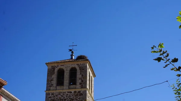 Nido Cicogne Nel Campanile Della Chiesa Garganta Los Montes Una — Foto Stock