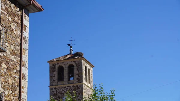 Nido Cigüeñas Campanario Iglesia Garganta Los Montes Una Pequeña Ciudad — Foto de Stock