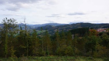 İspanya 'nın Bask ülkesinde sonbaharda dağlar ve ağaçların manzarası