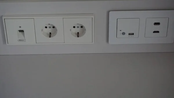 Madrid Spain September 2020 Plugs Usb Sockets Light Controls Wall — Stock Photo, Image