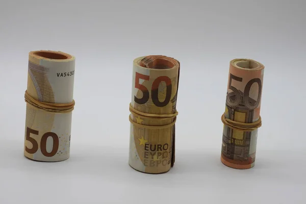 Billets Euros Rouleau Avec Bande Élastique Monnaie Européenne Épargner Fond — Photo