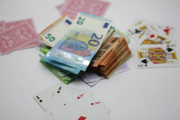 Dollar Banknotes Euro Banknotes Cash Playing Cards Poker Race Isolated — Stok fotoğraf