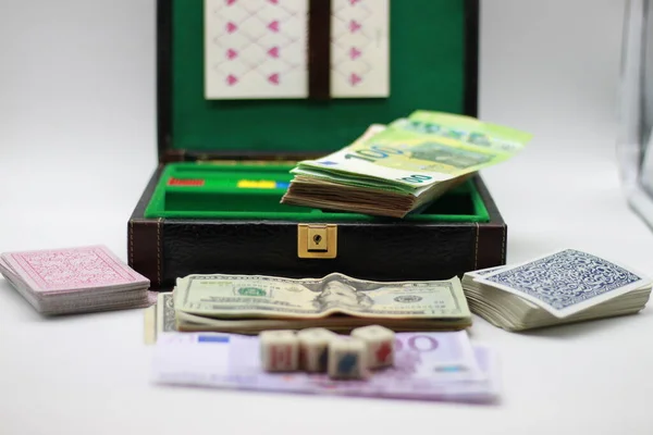 Decks Cards Dice Chips Banknotes Metallic Gambling Concept — Stok fotoğraf
