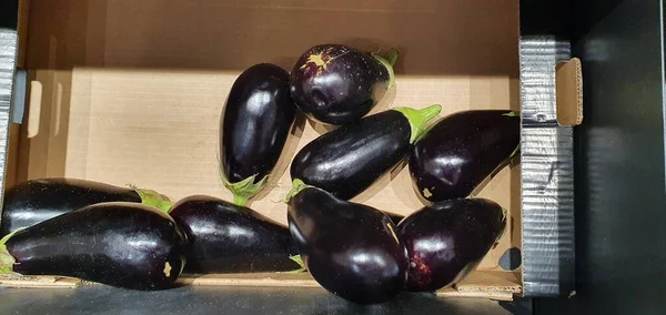 Paarse Aubergines Een Kartonnen Doos Koop Een Markt — Stockfoto