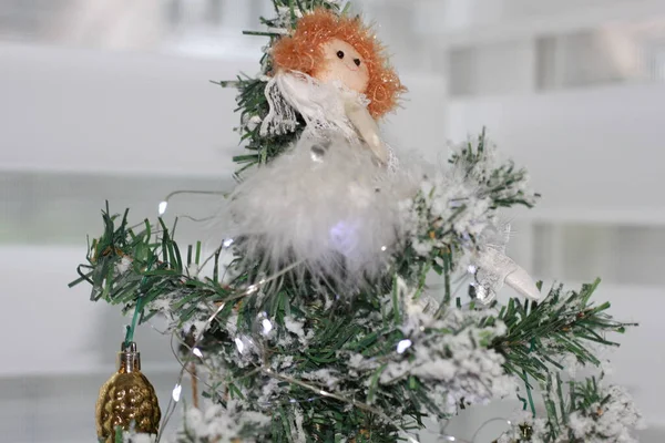 Рождественский Фон Рождественские Украшения Елке Белым Снегом — стоковое фото