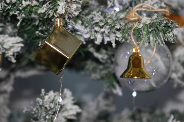 Noel arkaplanı, beyaz karlı yeşil köknar ağacı Noel süslemeleri.