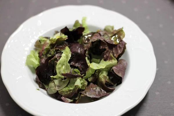 Grüner Und Roter Salat Auf Weißem Teller — Stockfoto